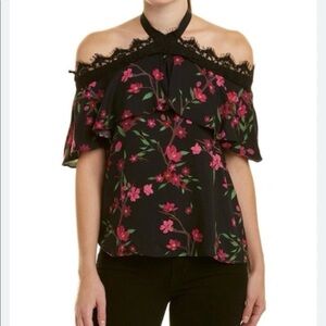 Alice + Olivia Black and Pink Floral Off-Shoulder Blouse
